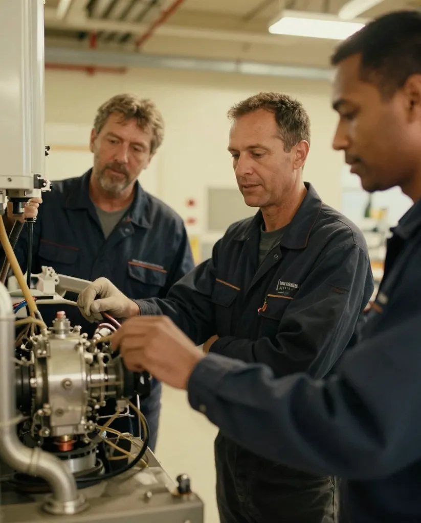 A service technician maintaining critical equipment on-site while the business owner observes.